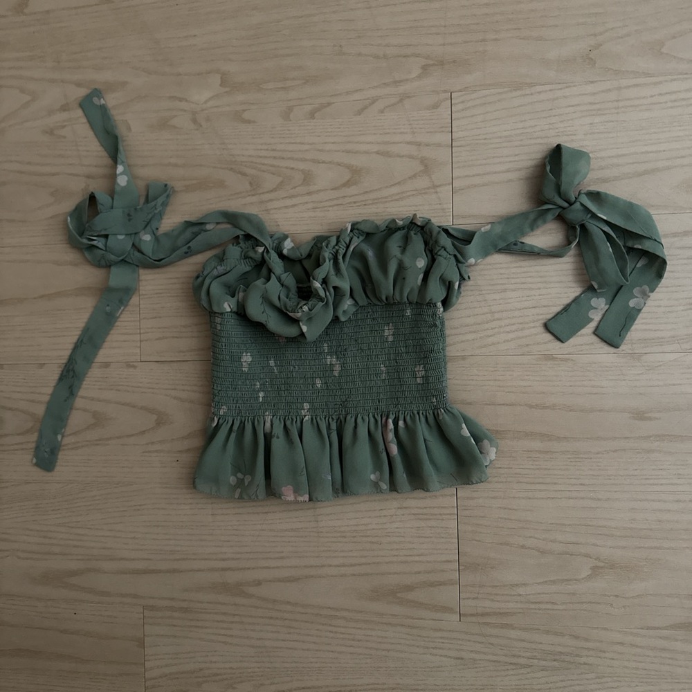 Aritzia Green Ruffled Smocked Tank Top